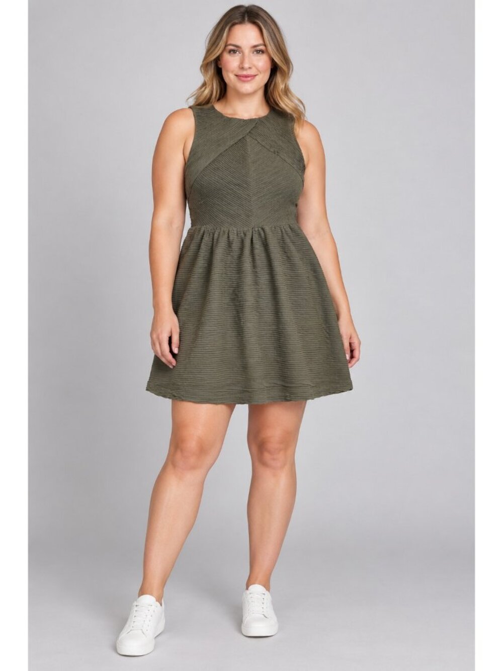 TOPSHOP Khaki Green Chevron Textured Sleeveless Skater Dress Fit Flare Mini 10